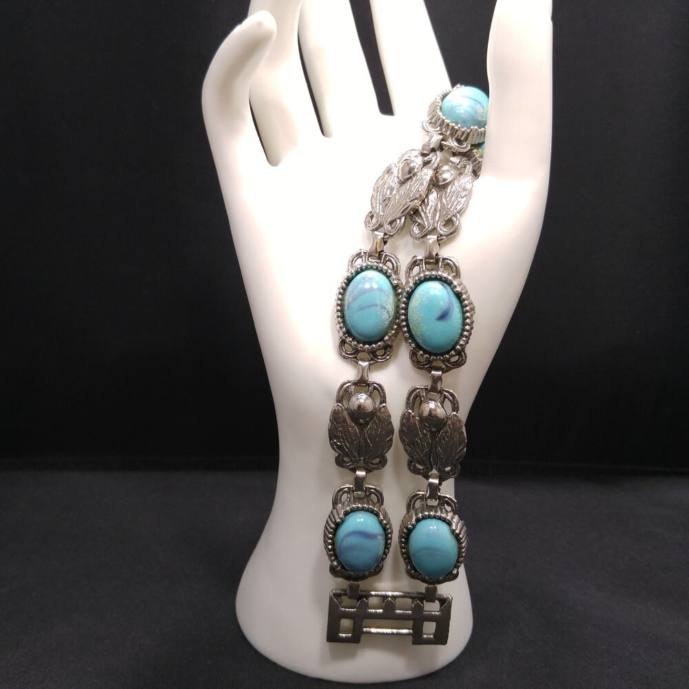Lucite Faux Turquoise Double Strand Bracelet, Silver Leaves, 1950s Vintage